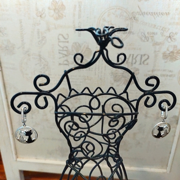 Sterling Silver RH CZ Brilliant Embers Love Cats Dangle Hinged Hoop Earrings - Picture 2 of 7